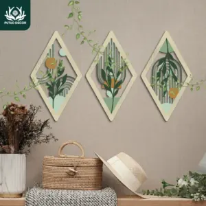 Putuo Decor 2D Flat 3pc Bohemian Wooden Hanging Sign, Plant Elements and Geometric Aesthetics, Wall Art Decor for Home, Gift
