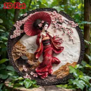 Japanese Kimono Metal Wall Art Round Aluminum Sign with Holes for Home Bar Decor