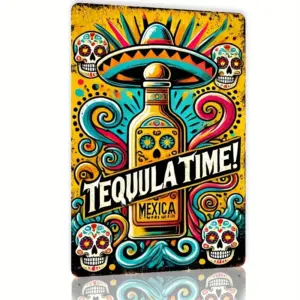"Mexican Tequila Time" Retro Wall Art Sign - Vibrant Day of the Dead Design, Durable Metal Decor for Home,  Kitchen, Dining Room