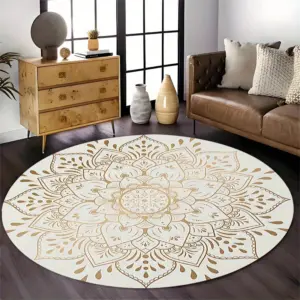 Flannel Printed Round Rug With Gold Mandala Design For Home Decor Soft Floor Mat Boho Art Theme Elegant Interior