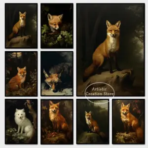 Fox Painting Vintage Animals Art Dark Academia Prints Canvas Wall Pictures for Nordic Living Room Dark Forest Home Decor Gifts