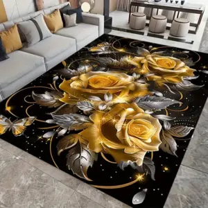 Golden Rose And Butterfly Print Flannel Rug Indoor Outdoor Soft Carpet For Living Room Garden Elegant Decor Artistic Design