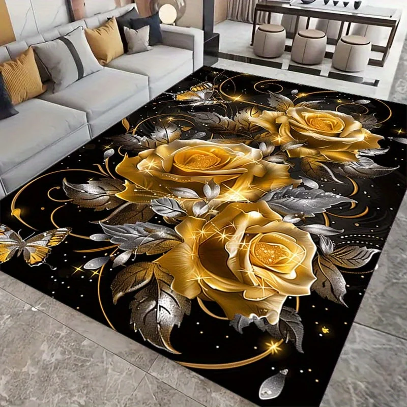 Golden Rose And Butterfly Print Flannel Rug Indoor Outdoor Soft Carpet For Living Room Garden Elegant Decor Artistic Design