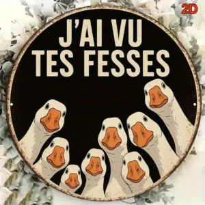 Vintage French Goose Flock Metal Wall Art Sign - Rustic Farmhouse Humorous Kitchen Decor with Funny "I Saw Your Butt" Plaque - R