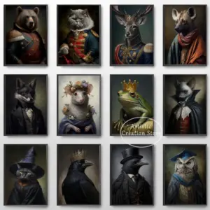 Gothic Animals in Dress Poster Vintage Romantic Raven Couple Dark Academia Bat Dark Fox Canvas Painting Victorian Art Home Decor