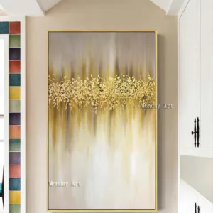 100% Hand Painted Abstract Golden Dots Canvas Painting Blue Gray