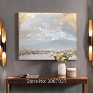 100% Hand Painted High quality Landscape Gold Oil Painting Wall Art Golden Foil Oil Painting On Canvas For home decor