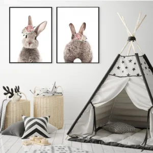 2 panels Minimalist Bunny Rabbit Nursery Wall Canvas Painting Print And Poster Wall Pictures for Living Room Kids Room Decor