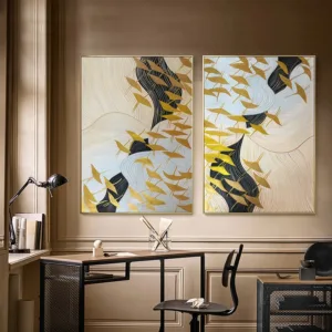 2 pieces Gold art Abstract canvas paintings wall art pictures for living room home hallway wall decor gold birds acrylic quadro