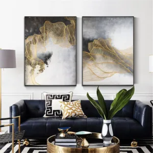 2 pieces Gold line abstract canvas paintings wall art pictures for living room home hallway decor acrylic quadro thick texture