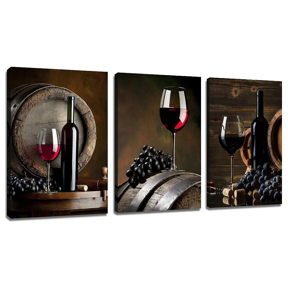 3PC Red Wine Grape Posters and Prints Vintage Home Decorations Canvas Painting for Room Wall Decor Kitchen Piece Framed Wall