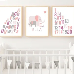 A to Z Alphabet Cartoon Elephant Wall Art Canvas Print Name Custom Poster Nursery Painting Picture Children Bedroom Decoration