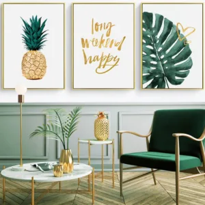 Gold Pineapple Nordic Canvas Painting Green Leaves Letter Art Pr