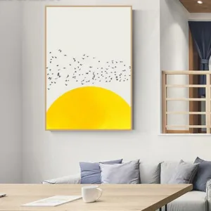 Abstract Birds And Yellow Sun  Canvas Painting Nordic Poster Sunset Landscape Print Minimalist Wall Art Pictures for Home Design