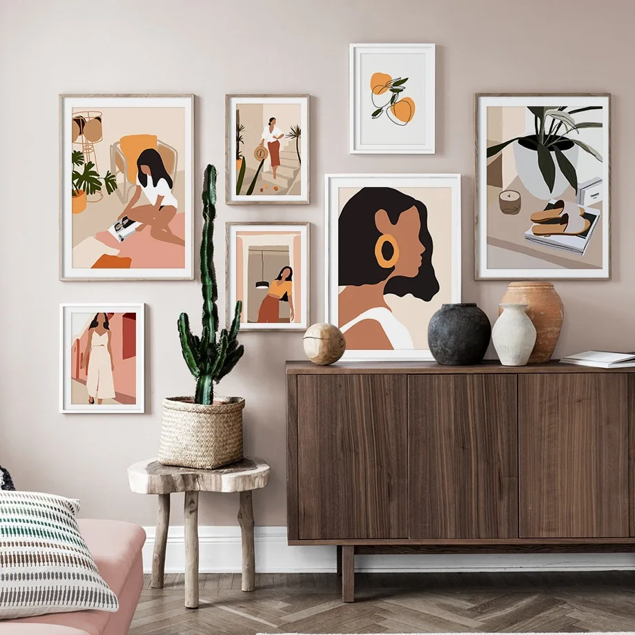 Abstract Fashion Vintage Girl Minimalist Wall Art Canvas Painting Nordic Posters And Prints Wall Pictures For Living Room Decor