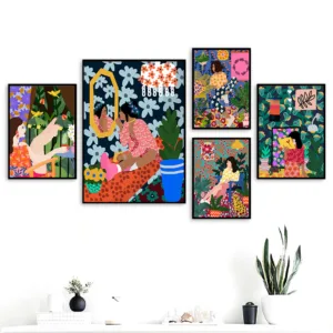Abstract Fashion Vintage Girl Plant Dog Wall Art Canvas Painting Nordic Posters And Prints Wall Pictures For Living Room Decor