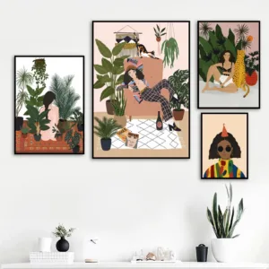 Abstract Fashion Vintage Girl Tiger Leaves Wall Art Canvas Painting Nordic Posters And Prints Wall Picture For Living Room Decor