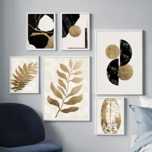 Abstract Geometry Golden Plant Leaves Wall Art Canvas Painting Nordic Posters And Prints Wall Pictures For Living Room Decor