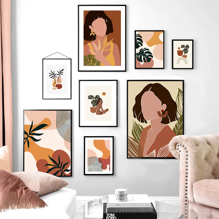 Abstract Girl Monstera Vintage Minimalist Nordic Posters And Prints Wall Art Canvas Painting Wall Pictures For Living Room Decor