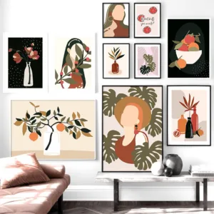 Abstract Girl Orange Leaf Flower Vintage Wall Art Canvas Painting Nordic Posters And Prints Wall Pictures For Living Room Decor