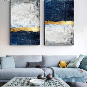 Abstract Gold Foil Block Painting Blue Poster Print Modern Golden Wall Art Picture for Living Room Navy Decor Big Size Tableaux