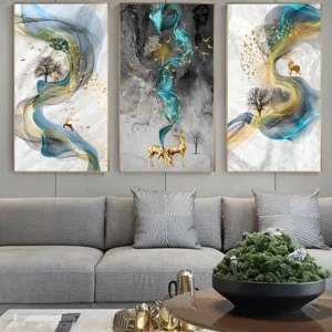 Abstract Golden Deer Painting Tableaux Big Size Poster Blue Prin