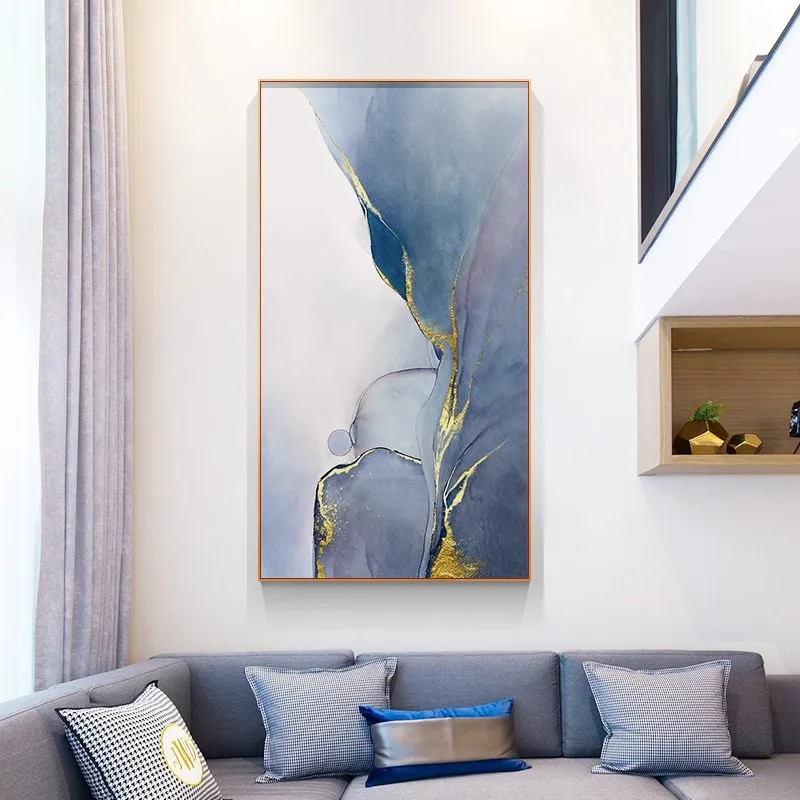 Abstract Indigo and Blue Clouds Wall Art Canvas and Painting Golden Line Wall Pictures for Living Room Art Gallery Entrence Deco