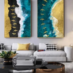 Abstract Painting Golden Ocean Waves Canvas Landscape Poster Sea Beach Seascape Print Modern Canvas Wall Art Decoration Picture