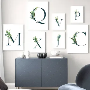 Alphabet Wall Art Print Green Plants Leaf Canvas Painting Letter Poster Art Paintings Nordic Wall Pictures For Living Room Decor