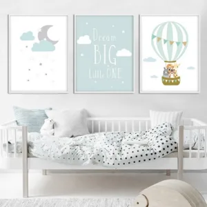 Animal Balloon Moon Nursery Poster Wall Art Canvas Print Dream Big Quotes Painting Nordic Kid Baby Bedroom Decoration Picture