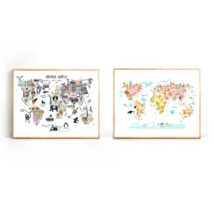 Animal World Map Nursery Wall Art Canvas Painting Scandinavian Posters and Prints Cute Cartoon Animals Pictures Kids Room Decor
