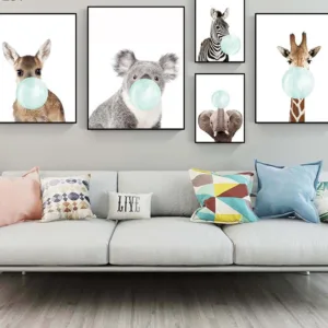 Animal Zebra Giraffe Koala Elephant Chewing Bubble Gum Canvas Poster Print Painting Picture for Baby Infant Kids Bedroom Nursery
