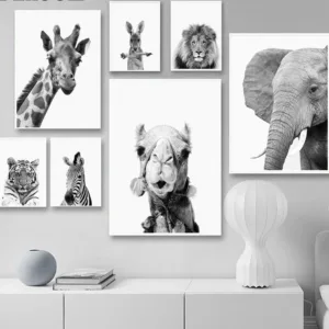 Animals Print Lion Zebra Elephant Wall Art Poster Safari Nursery Canvas Painting Black and White Pictures Kids Room Decoration