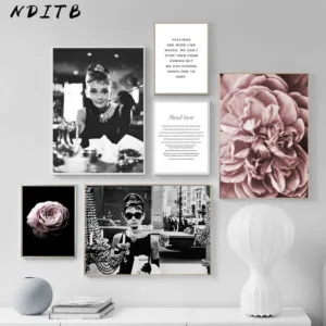 Audrey Hepburn Black White Fashion Poster Canvas Wall Art Print Flower Painting Motivational Decorative Picture Modern Decor