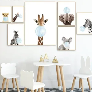 Baby Animal Blue Bubble Poster Nursery Canvas Wall Art Print Zebra Giraffe Painting Nordic Kids Decoration Picture Bedroom Decor
