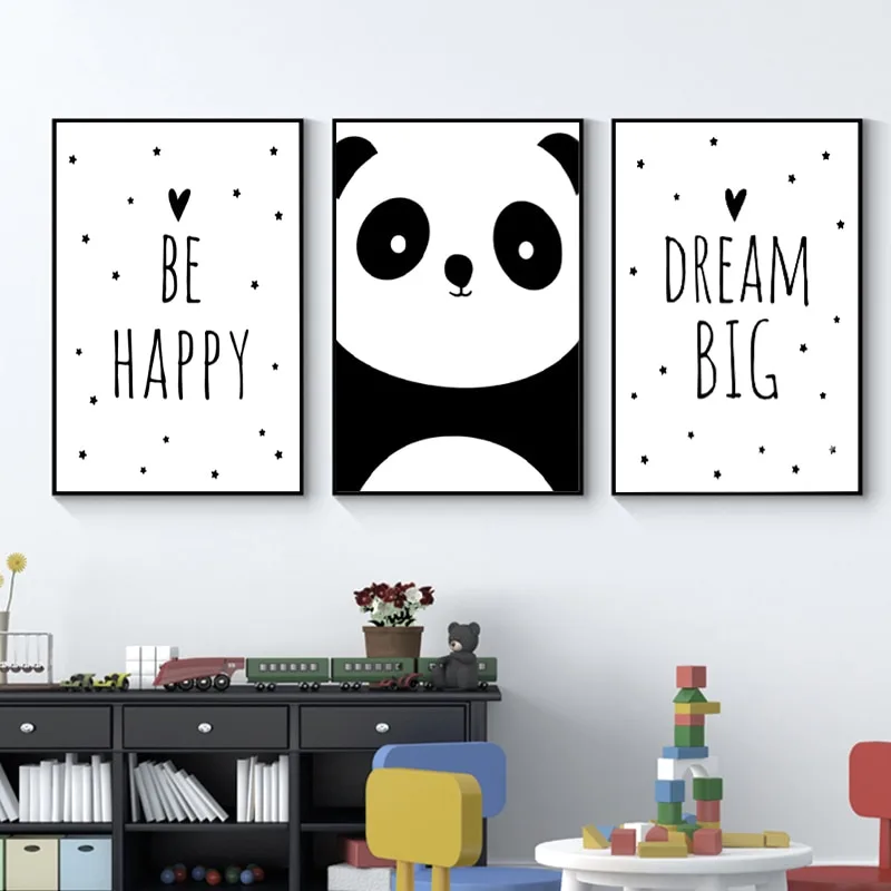 Baby Nursery Wall Art Canvas Painting Animal Panda Be Happy Poster and Prints Nordic Kids Decoration Picture Bedroom Decor