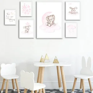 Baby Nursery Wall Art Canvas Poster Minimalist Bunny Moon Print Pink Cartoon Painting Nordic Kid Girl Room Decoration Picture