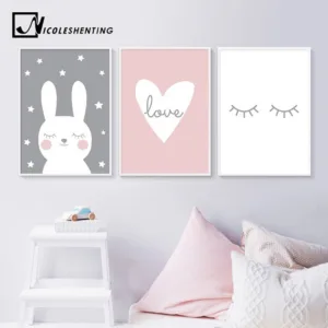 Rabbit Heart Nursery Wall Art Canvas Painting Cartoon Posters and Prints Decorative Picture Nordic Style Kids Decoration