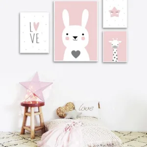 Baby Nursery Wall Art Canvas Print Poster Pink Cartoon Animal Giraffe Bunny Painting Nordic Kid Girl Bedroom Decoration Picture