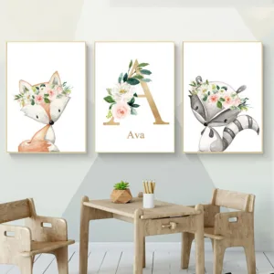 Baby Personalized Custom Name Posters Nursery Print Animal Fox Deer Rabbit Canvas Painting Nordic Wall Pictures Kids Room Decor