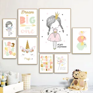 Baby Poster Unicorn Nursery Art Painting ABC Alphabet Canvas Print Nordic Poster Wall Pictures For Kids Girl Room Decoration