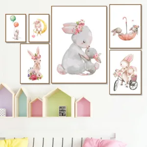 Baby Rabbit Canvas Painting Animal Print Pink Balloon Flower Poster Cartoon Bunny Posters Nursery Wall Art Pictures Baby Room