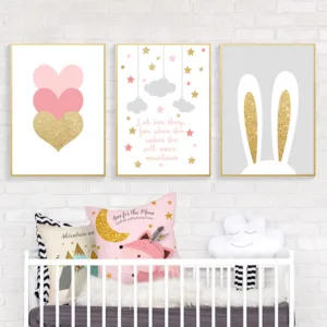 Baby Rabbit Canvas Painting Pink Heart Wall Art Print Nordic Poster Cloud Star Nursery Canvas Print Wall Picture Girl Room Decor