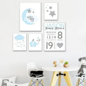 Birth Stats Custom Posters Cartoon Nursery Canvas Art Prints Painting Wall Picture Nordic Kids Bedroom Decoration