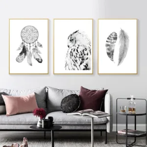 Black And White Wall Art Canvas Painting Feather Owl Nordic Poster Abstract Dreamcatcher Wall Pictures For Living Room Unframed
