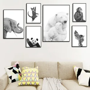 Black White Animals Nordic Poster Polar Bear Monkey Sloth Fox Prints Wall Art Canvas Painting Wall Pictures Kids Room Decor