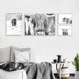 Black White Canvas Painting Highland Cow Animal Photography Poster Nordic Print Modern Wall Art Picture Living Room Decoration