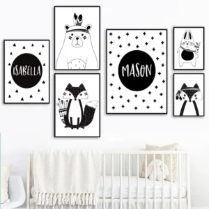 Black White Cartoon Bear Rabbit Baby Nursery Wall Art Canvas Poster Custom Name Print Painting Nordic Picture Kid Room Decor