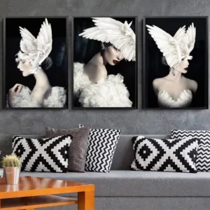 Black White Fashion Woman Pigeon Wings Hat Abstract Canvas Poster Print Nordic Style Painting Picture Modern Home Decor