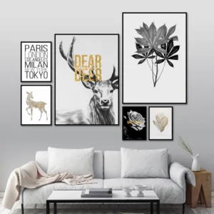 Black White Flower Leaf Plant Deer Abstract Poster Nordic Wall Art Canvas Print Painting Decoration Picture Living Room Decor